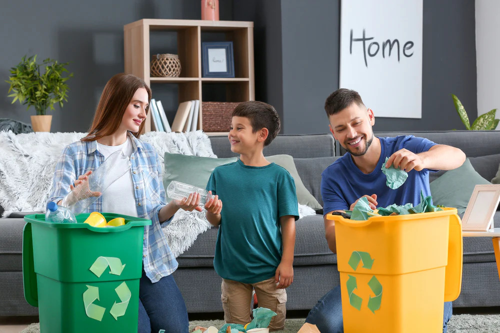 A small family recycling household waste.